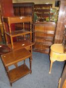 A SMALL OPEN OAK BOOKCASE W-76 CM WITH AN OAK SIDE TABLE, TROLLEY AND ANOTHER SIDE TABLE (4)