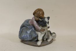 A MATTE FINISH LLADRO FIGURE OF A GIRL WITH A DOG STAMPED 2200 TO BASE HEIGHT - 16.5CM