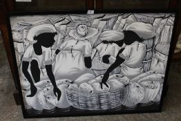 A LARGE MODERN FRAMED OIL ON CANVAS DEPICTING SILHOUETTES IN A MARKET SIGNED ELISE, OVERALL SIZE 103