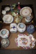 TWO TRAYS OF ASSORTED CERAMICS TO INCLUDE A PAIR OF CONTINENTAL VASES S/D, WEDGWOOD ETC.