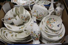 A TRAY OF AYNSLEY COTTAGE GARDEN CHINA TO INCLUDE A TEA POT, CUPS AND SAUCERS ETC.