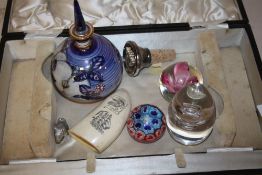 A SMALL BOX OF COLLECTABLES TO INCLUDE GLASS PAPER WEIGHTS, LUSTRE SCENT BOTTLE ETC