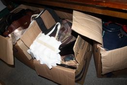 THREE LARGE BOXES OF ASSORTED LADIES HANDBAGS ETC.