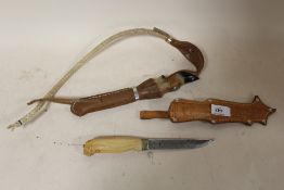A TAXIDERMY HOOF HANDLED WHIP A/F TOGETHER WITH A J.MARTTIINI OF FINLAND KNIFE