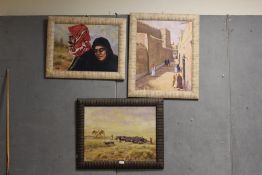 THREE EASTERN STYLE OIL ON CANVAS, TO INCLUDE A STREET SCENE WITH FIGURES, ALL SIGNED A. BAITEM