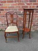 AN EDWARDIAN MAHOGANY INLAID BEDROOM CHAIR AND A JARDINAIRE STAND (2)