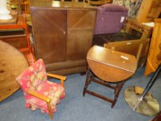 AN OAK TALLBOY, OAK BARLEYTWIST DROPLEAF TABLE AND CHILDS ARMCHAIR (3)