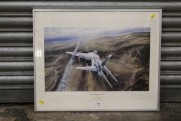 A FRAMED AND GLAZED ROBERT TAYLOR PRINT ENTITLED 'AIR STRIKE OVER WEST FALKLAND', SIGNED LT.