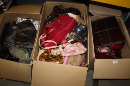 THREE BOXES OF ASSORTED LADIES HANDBAGS ETC.