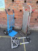 A MAGLINER DUAL PURPOSE SACK TRUCK TOGETHER WITH A MAC TOOLS SACK TRUCK AND A FOLDING TROLLEY (3)