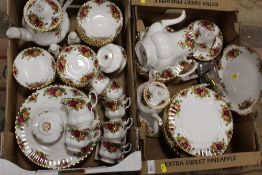 TWO TRAYS OF ROYAL ALBERT OLD COUNTRY ROSES CHINA TO INCLUDE TEA AND COFFEE POTS, DINING PLATES