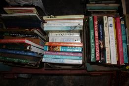 THREE SMALL TRAYS OF ASSORTED BOOKS TO INCLUDE HISTORY, REFERENCE GUIDES, FURNITURE BOOKS ETC.