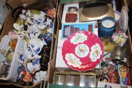 TWO TRAYS OF CERAMICS AND COLLECTABLES TO INCLUDE TOBY JUGS, WOOD PLANE, CERAMIC WALL LIGHTS ETC.