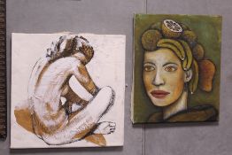 TWO UNFRAMED OIL ON CANVAS, DEPICTING A SEATED FEMALE NUDE AND A PORTRAIT STUDY OF A LADY WITH FRUIT