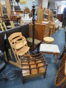 A REPRODUCTION MAHOGANY TABLE, CANTERBURY, WICKER STAND AND A HIGH CHAIR ETC (5)