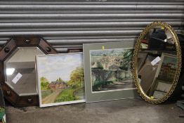A COLLECTION OF PICTURES, PRINTS AND MIRRORS, TO INCLUDE AN OAK FRAMED OCTAGONAL WALL MIRROR, OIL ON