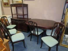 A MODERN DARK DINING SUITE - TABLE AND SIX CHAIRS, SIDEBOARD AND SIDE TABLE