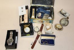 A TIN OF ASSORTED WRISTWATCHES AND POCKET WATCHES TO INCLUDE A SEKONDA EXAMPLE