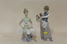 TWO LLADRO FIGURES OF A SEATED BALLERINA AND A GIRL WITH A BASKET OF PUPPIES TALLEST - 25CM