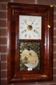A VINTAGE MAHOGANY CASED WALL CLOCK WITH HAND PAINTED PANEL, A/F, H 66 X W 39 CM