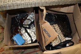 TWO BOXES OF LADIES HANDBAGS ETC.