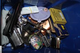 A BOX OF COLLECTABLES TO INCLUDE TORCHES, PAPERWEIGHT, VINTAGE DESK CALENDAR ETC.