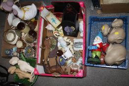 THREE TRAYS OF ASSORTED CERAMICS TO INCLUDE ELEPHANT FIGURES