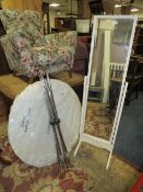 A RETRO STYLE GLASS TABLE AND CHEVAL MIRROR (2)