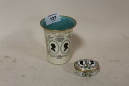 A HALCYON DAYS ENAMEL CUP AND MATCHING PILL BOX