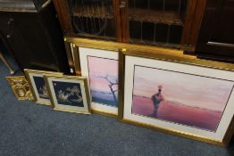 THREE MODERN FRAMED AND GLAZED TONY HARRISON PRINTS TOGETHER WITH TWO ORIENTAL STYLE PAINTINGS ON
