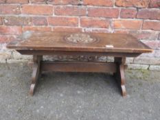 A VINTAGE CARVED OAK STOOL W-76 CM