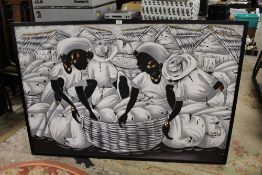 A LARGE MODERN FRAMED OIL ON CANVAS DEPICTING SILHOUETTES IN A MARKET SIGNED ELISE, OVERALL SIZE 149