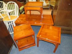 A YEW WOOD RECTANGULAR COFFEE TABLE W-122 CM WITH THREE OCCASIONAL TABLES (4)