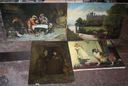 AN UNFRAMED OIL ON CANVAS DEPICTING CATTLE WATERING BEFORE A LARGE BUILDING, TOGETHER WITH THREE