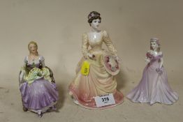 A COALPORT 'LADY IN LACE' FIGURE, TOGETHER WITH TWO SMALLER COALPORT FIGURES (ONE A/F)