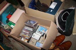 THREE BOXES OF ASSORTED SUNDRIES TO INCLUDE LP RECORDS, LEATHER SHOES, CDS ETC.