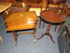 A REPRODUCTION MAHOGANY QUARTTETO OF TABLES W-61 CM (LARGEST)AND A PEDESTAL WINE TABLE (2)