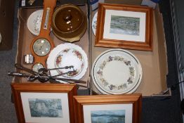 TWO BOXES OF ASSORTED SUNDRIES TO INCLUDE PRINTS, OLD COUNTRY ROSES BOWLS, MODERN WALL BAROMETER