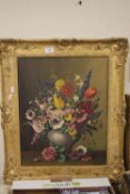 A GILT FRAMED OIL ON CANVAS STILL LIFE OF FLOWERS, SIGNED JAMES NORTH, 65 X 54 CM
