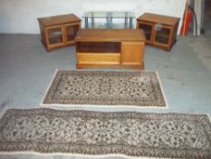 THREE MODERN LOW SIDEBOARD MEDIA UNITS, TWO RUGS AND A GLASS TV STAND