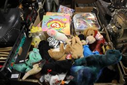 TWO TRAYS OF TY SOFT TOYS, MAGAZINES ETC. (TRAYS NOT INCLUDED)