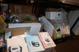 THREE TRAYS OF MAINLY NEW ITEMS TO INCLUDE BOXED KETTLES, SAUCEPANS, A GEORGE FORMAN GRILL ETC. (