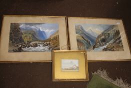 A PAIR OF FRAMED PRINTS DEPICTING MOUNTAIN SCENES ONE A/F 66 50 CM TOGETHER WITH A GILT FRAMED