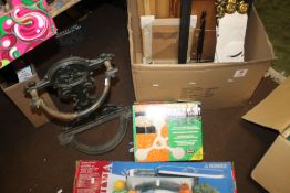 A QUANTITY OF SUNDRIES TO INCLUDE A CAST STICK STAND, BOXED OUTDOOR PARASOL LIGHT, A STAINLESS STEEL