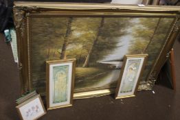 A LARGE OIL ON CANVAS OF A COUNTRYSIDE SCENE IN GILT FRAME, 106 X 76 CM TOGETHER WITH A SMALL