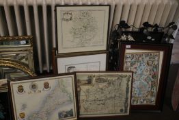 A QUANTITY OF REPRODUCTION MAPS TO INCLUDE THE WORLD, WARWICKSHIRE CORNWALL ETC THE LARGEST 67 X
