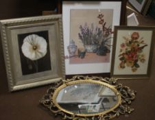 THREE FRAMED AND GLAZED BOTANICAL STYLE PRINTS TOGETHER WITH A DECORATIVE MIRROR, APPROX. 85 X 56