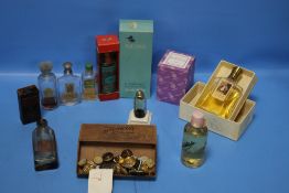A COLLECTION OF PERFUME BOTTLES, SOME WITH CONTENTS, BUTTONS ETC.