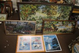 FOUR FRAMED TAPESTRIES AND A WOOLWORK PICTURE, THE LARGEST 141 X 86 CM (5)