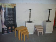 SIX MODERN ITEMS INCLUDING TWO NESTS OF TABLES, TWO THREE DRAWER CHESTS AND PLANT STANDS